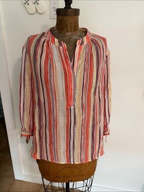 NWT Palm Rio Striped Split-Neck Women’s Top in Coral & Cream Size PXL